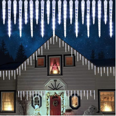 Joomer Icicle Fairy Lights āra apgaismojums, 320 LED, 20 Icicles Ziemassvētku apgaismojums ārā, 4 m Cool White Meteor Shower gaismas efekts ar taimeri, Icicle Fairy Lights, darbojas ar strāvu, ūdensizturīgs logiem