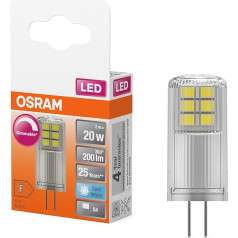 OSRAM SPECIAL PIN CL 20 LED spuldze ar retrofit kontaktligzdas G4 ieliktni, dimmējama, tapas forma, 2 W, 200 lm, 4000 K, vēsā baltā gaisma, labs gaismas izstarojums, ilgs kalpošanas laiks, 6 gab. iepakojumā