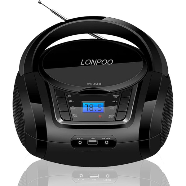 LONPOO CD atskaņotājs Portatīvais Boombox ar FM radio, USB, Bluetooth, AUX ieeju un austiņu ligzdas izeju, stereo skaļruni un audio atskaņotāju