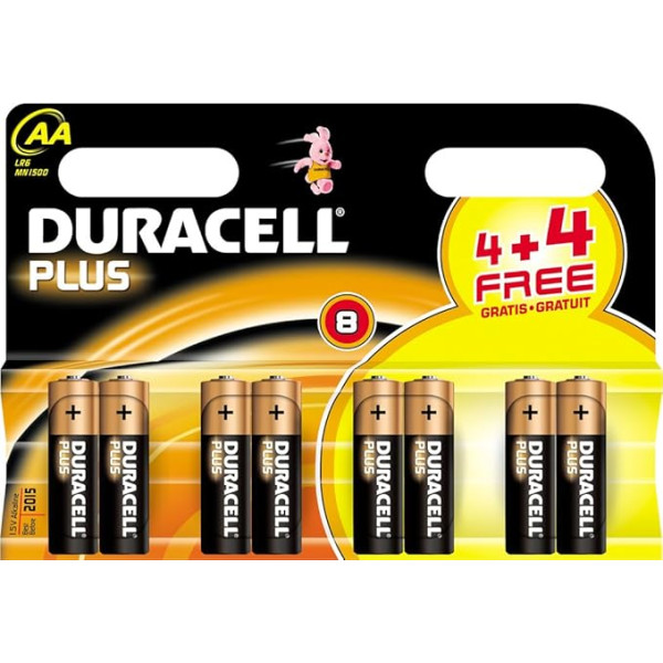 Duracell Plus sārmu baterijas AA LR6 1,5 V, 8 gab. iepakojumā