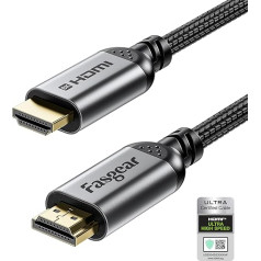 Fasgear HDMI 2.1 kabelis 10ft 8K HDMI kabelis 48Gbps HDMI kabelis pīts neilona pinumā 8K@60Hz 4K@120Hz HDCP 2.3 atbalsts eARC HDR10 3D Dolby Saderīgs ar Samsung TV/Blu-ray/X-Box Black