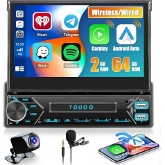 [2+64G] Hikity Android auto radio 1 DIN ar navigāciju Bezvadu Carplay Android Anto, 7 collu ekrāns Izvelkamais skārienjutīgais ekrāns Auto radio 1 DIN ar GPS WiFi Bluetooth FM SWC atpakaļgaitas kamera