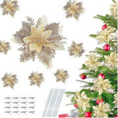 Pack of 16 Christmas Glitter Poinsettia Flowers with Clips, Poinsettia Christmas Flower Glitter for Christmas Tree Decorations, Wedding Christmas Tree New Year Ornaments (Champagne)