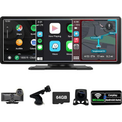 SCUMAXCON 10,26 collu pārnēsājamais auto radio ar bezvadu Apple Carplay Android auto ar 4K Dash Cam/1080P aizmugures skata kameru/IPS skārienekrānu/ balss asistentu/GPS/Bluetooth/FM/Loop Recording/AUX/64G TF karti
