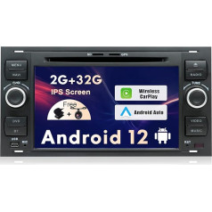SXAUTO Android 12 IPS auto radio piemērots Ford C-Max/Fiesta/Focus/Fusion/Galaxy/Kuga/S-Max/Transit/Mondeo - Iebūvēts Carplay/Android Car - Bez kameras - 2G+32G - SWC DAB Fast Boot 4G - 2 DIN