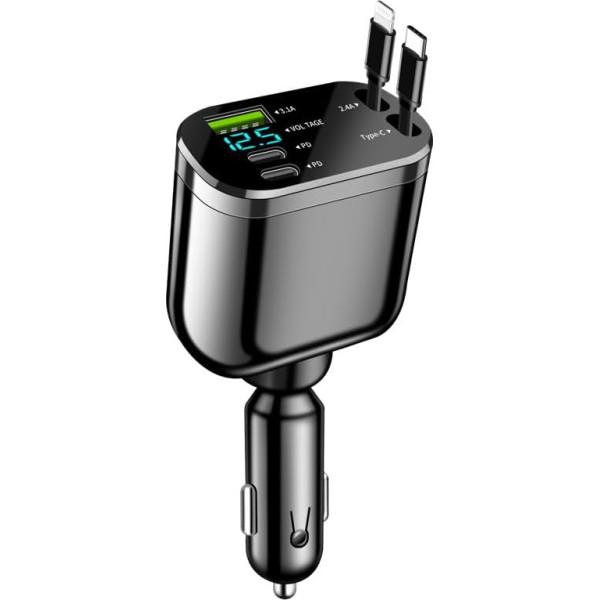 Mesen izvelkamais auto lādētājs 72 W, 5 in 1 USB C ātrais auto lādētājs, mobilā tālruņa ātrās lādēšanas cigarešu aizdedzinātāja adapteris, saderīgs ar iPhone 16/16 Pro Max/15/14/AirPods/iPad/Samsung S24/S23