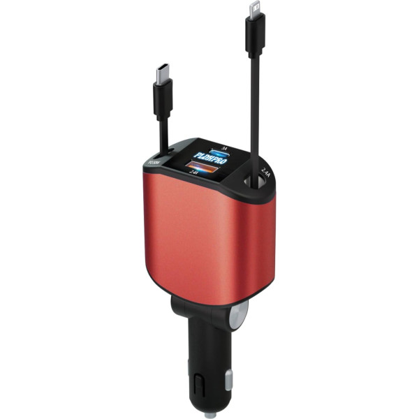 PLDHPRO Red 4 in 1 izvelkams auto lādētājs, 80 W izvelkams telefona lādētājs automašīnai ar 0,8 m izvelkamu USB-C un iOS kabeli, saderīgs ar iPhone 15/14/13/12, Galaxy, Pixel, iPad