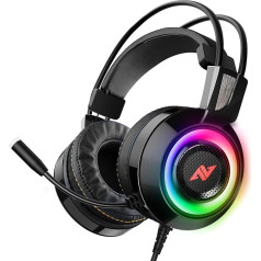 ABKONCORE CH60 spēļu austiņas ar reālu 7.1 telpisko skaņu PC PS4 klēpjdatoram Bass Vibrācijas trokšņu slāpēšanas austiņas ar mikrofonu LED gaisma Inline kontrolieris FPS spēlēm BLACK