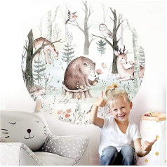 Little Deco DL562 Sienas uzlīme bērnu istabai Meža dzīvnieki 60 cm Sienas dekorēšana Istabas uzlīme Baby Girl Boy Tree Owl Bear Round