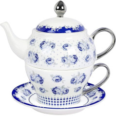 fanquare Vintage Blue Flowers tējas tases komplekts vienam, Porcelāna kafijas tasīšu komplekts ar tējkannu, tasi un krūzes paliktni, punktiņi