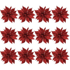 Jojofuny Pack of 12 Glitter Ornaments, Ziemassvētku eglīte, Mākslīgā Poinsettia, Hanging Ornament for Wreaths, Christmas Garland, Filling, Red