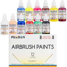 MEEDEN Airbrush krāsu komplekts ar 12 krāsām (30ml), gatavs uzsmidzināšanai, necaurspīdīgs, caurspīdīgs, ūdens bāzes, augstākās kvalitātes krāsu komplekts ar aerogrāfu iesācējiem, hobijiem un māksliniekiem