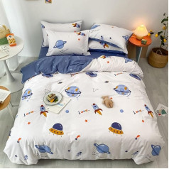 100 % kokvilnas sega pārklājs Divvietīga izmēra bērnu zēni meitenes karikatūra kosmosa gultasveļa komplekts Rocket Planet Stars Printed Duvet Cover Set White and Blue All-Year Bedding Set, 200 x 200 cm