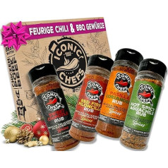 ICONIC CHEFS® Hot Chili & BBQ Rub garšvielu komplekts - 100% Meksika 4 garšvielas 70g, ieskaitot pastkarti - BBQ Grila garšvielu dāvanu komplekts vīriešiem - Grila piederumi - BBQ garšvielu dāvanu komplekts - Ziemassvētku dāvana