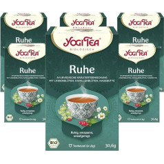 YOGI TEA, Ruhe, Ajūrvēdas organiskā garšvielu un zāļu tēja, dabiski bez kofeīna, laima ziedu, kumelīšu ziedu un mežrozīšu maisījums, Yogi tējas iepakojums, 6 x 17 maisiņu (kopā 102 tējas maisiņi)