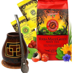 Yerba Mate Tea Mate Green Starter Set ● Mate Tea Mate Green ar guaranas un mango aromātu 400 g ● Keramiska Mate krūzīte Ceramic Calabash Peru 350 ml ● Mate Mug ● Nerūsējošā tērauda dzeramā salmiņa Bombilla Liza