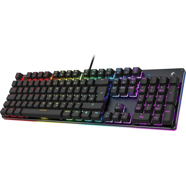 Black Shark mehāniskā spēļu tastatūra ar RGB apgaismojumu, QWERTZ vācu izkārtojums, zili slēdži, 105 taustiņi, metāla plāksne, pilnībā programmējama spēļu tastatūra, datorspēlētājiem