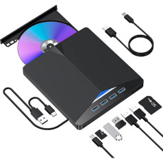 Ārējais CD DVD disks, USB 3.0 un C tipa pārnēsājamais CD/DVD-RW ierakstītājs ar SD/TF ligzdu un 4 USB pieslēgvietām, plāns optiskais disks klēpjdatoram, Windows, Linux, MacBook un iMac