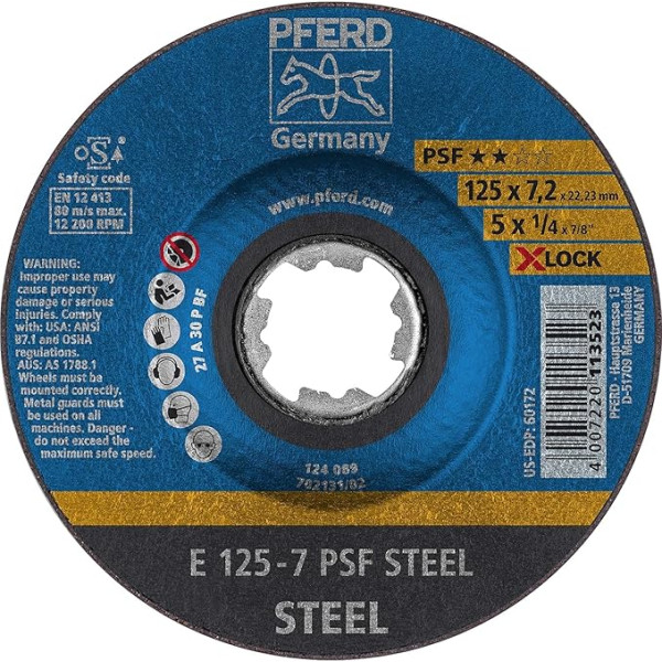 PFERD slīpēšanas disks, 10 gab., 125 x 7,2 mm, X-LOCK (22,23 mm), PSF tērauds, 62011125 - ātrai un ērtai instrumentu maiņai
