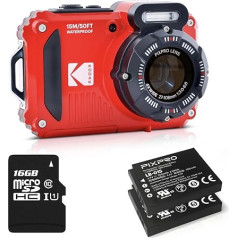 Kodak Pixpro Pack WPZ2 + 2 baterijas + 1 SD karte - kompakts 16M pikseļu, ūdensizturīgs līdz 15 m, triecienizturīgs, video 720p, LCD displejs 2,7 collas - Li-ion akumulators - sarkans