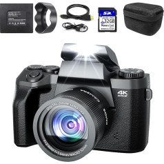 Fine Life Pro digitālā kamera 4K 64 MP foto kamera ar 4,0 collu skārienjūtīgo ekrānu, 16X digitālā tālummaiņa, kompaktā kamera iesācējiem ar WiFi funkciju, ar kameras somu, pārsegu, 32 GB TF karti (dubultkameras)
