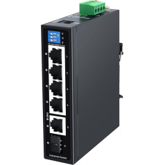 SODOLA 6 prievadų Gigabit Industrial DIN-Rail Ethernet komutatorius | 1 SFP ir 1 Gigabit Uplink, 12 Gbps komutavimo pajėgumas, metalinis korpusas, nevaldomas tinklo komutatorius, apsauga visą gyvenimą