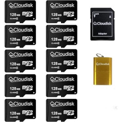 Cloudisk Micro SD karte Maza ietilpība 10 Pack 128MB (ne GB) ar Micro SD adaptera karšu lasītāju Atmiņas karte maziem datiem, failiem, reklāmām vai veicināšanas pasākumiem (pārāk maza visiem video)