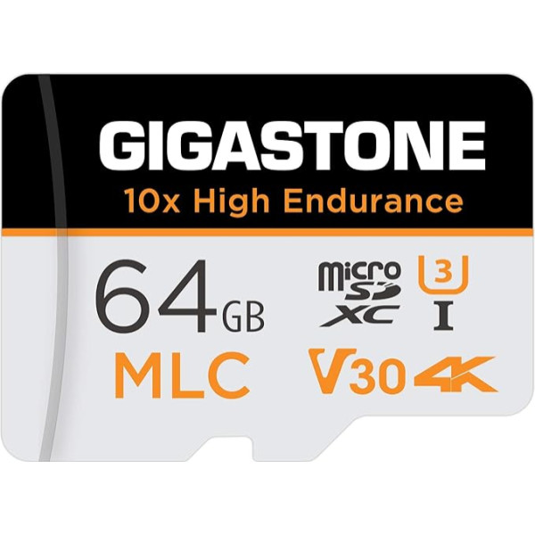 Gigastone MLC 10x augstas izturības 64 GB MicroSDXC atmiņas karte un SD adapteris, līdz 100/65 MB/s, ideāli piemērota 4K video ierakstīšanai, saderīga ar Dashcam drošības kameru, Micro SD UHS-I U3 V30 Class 10