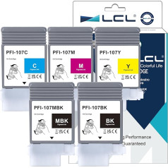 LCL PFI-107 PFI107 130 ml Ink Cartridge Compatible with Canon PFI-107MBK PFI-107BK PFI-107C PFI-107M PFI-107Y Compatible with Canon ImagePROGRAF TM-200 TM-205 TM-300 TM-305 Printer (5-pack)