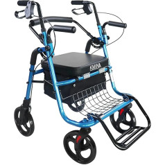 KMINA - Rollator ratiņkrēsls 2 in 1 gludām grīdām, rollators ar sēdekli un grozu, rollators senioriem, salokāms, rollators 2 in 1, rollators un ratiņkrēsls vienā, zils