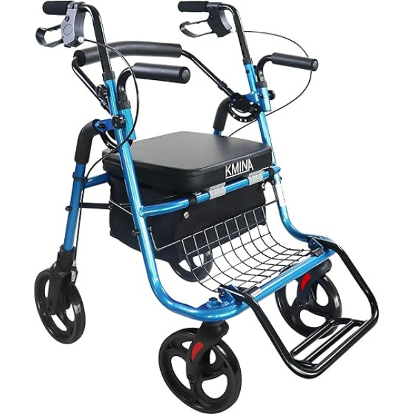 KMINA - Rollator ratiņkrēsls 2 in 1 gludām grīdām, rollators ar sēdekli un grozu, rollators senioriem, salokāms, rollators 2 in 1, rollators un ratiņkrēsls vienā, zils