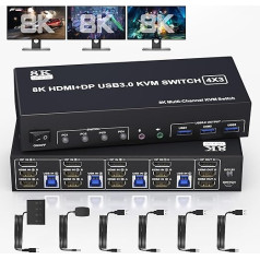8K@60Hz Displayport +2 HDMI USB 3.0 KVM slēdzis 3 monitori 4 datori DP 1.4 + HDMI 2.1 4 pieslēgvietu KVM slēdzis Trīs monitori ar audio mikrofona izeju un 3 USB 3.0 pieslēgvietām Trīs monitoru slēdzis