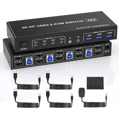 USB 3.0 KVM Switch 4PC 2 Monitors Displayport 4K 60Hz, 4 Port KVM Switch Dual Monitor Displayport with Audio Microphone Output and 3 USB 3.0 Ports, DP Monitor Switch for 4 PCs and 2 Monitors