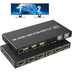 Dual Monitor HDMI KVM Switch, 2 PC 2 Monitor Switch 4K @ 60Hz, Extended Display HDMI KVM Switch Dual Monitor 2 in 2 Out with USB and Audio Port, 2 Ports HDMI KVM Switch with Controller, 2 x Type B