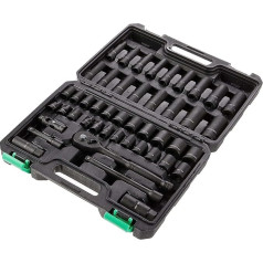 Amazon Basics 3/8 collu piedziņas komplekts ar 6 plakanām un dziļām ligzdām un 72 zobu reversējamu reversa sprūdratiem, SAE/Metriskais, 46 gabali ar koferi, 13,1 x 9,7 x 3 collas (iepriekš - Denali)