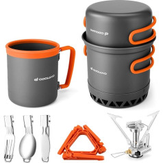 Odoland Camping Crockery Set, Cooking Heat Exchange Non-Stick Pot with Gas Stove, Canister Stabilizer, Backpacker Mug for Backpacking, Hiking and Picnic for 1 to 2 People