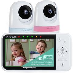 Babysense Prisma 5 collu HD video bērnu monitors ar 2 kamerām un audio, 6 krāsu nakts gaismu, dalītu ekrānu, bērnu skaņas mašīnu ar balto troksni un šūpuļdziesmām, drošs bez WiFi savienojuma