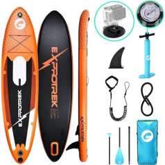 Exprotrek Stand Up Paddling Board, piepūšamā SUP dēlis, Stand Up Paddle Board komplekts, 6 collu biezs, ar airi un visiem piederumiem, 200 kg maksimālais svars, melns/zils