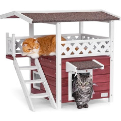 Petsfit kaķu māja no masīvkoka, āra kaķu māja ar asfalta jumtu, izturīga pret nelabvēlīgiem laikapstākļiem, ziemas apstākļos, ar terasi un kāpnēm, sarkanā krāsā