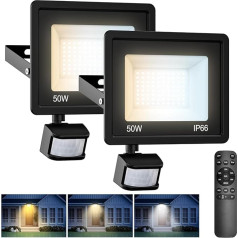 vighep 50 W LED prožektors ar kustības sensoru, tālvadības pults, 2 gab., 3000 K - 4500 K - 6000 K, ļoti spilgts starmešu prožektors, IP65 ūdensizturīgs, regulējams, laika funkcija, LED āra apgaismojums