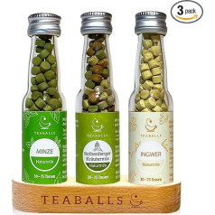 TEABALLS® 3-daļu organisko zāļu tēju komplekts ar piparmētru, ingveru, Rothenberger zāļu tējām, ar koka statīvu, dāvanu komplekts, 90-225 tasēm karstas tējas, bez cukura, 100% augu izcelsmes