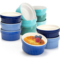 COM-FOUR® 12 x Soufflé Moulds - Creme Brulee Ceramic Bowls - Ovenproof Moulds - Dessert Bowl and Pie Cases for Ragout Fin - 200 ml Each - in Blue and Green Shades