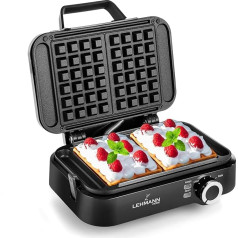 Lehmann LHOWM-1226 Vafeļmašīna divām klasiskajām vafelēm, beļģu vafeļu gludeklis, 1200 W ar regulējamu temperatūru, dubultā vafeļu gludeklis ar nelīpošu pārklājumu