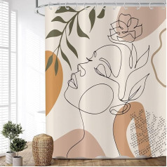 ASDCXZ Boho dušas aizkars smilškrāsas 180 x 200 cm, moderns abstraktās mākslas meitene ar sejas ziedu zaļās lapas mazgājams dušas aizkars poliestera tekstila ūdensizturīgs dušas aizkars vannai ar 12 āķiem