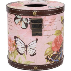 Natudeco Leather Wooden Tissue Box Vintage Pattern Tissue Storage Box Wooden Round Tissue Box Lid Sanitary Towel Dispenser Home Decor Restaurant Decor (Butterfly+Rose)