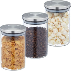 Relaxdays Storage Jars, Set of 3, 800 ml Pasta Jar, Airtight, Stainless Steel Lid, Storage Jar for Kitchen, Transparent/Silver, 15 x 9.5 x 9.5 cm