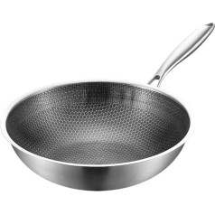 UPKOCH Wok panna Nerūsējošā tērauda Wok maisīšanas panna 32 cm karstā katla nepielipīga dzelzs panna ar dubulto rokturi Ķīniešu virtuves trauks ēdiena gatavošanai Tvaika gatavošanas trauki Sudraba krāsā