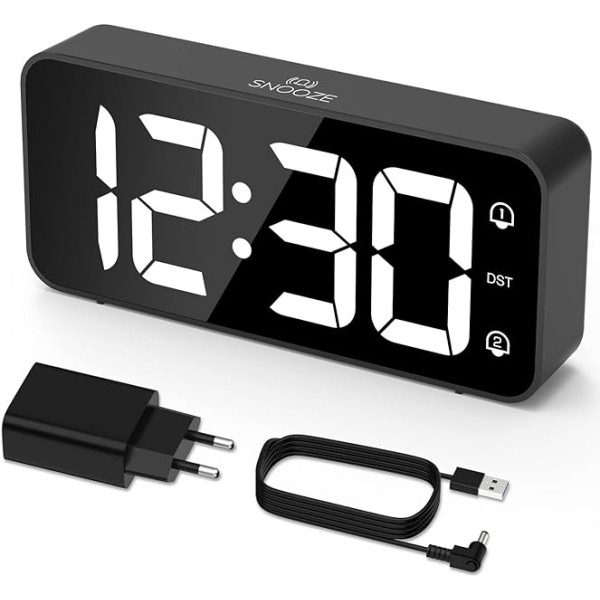 LATEC LED digitālais modinātājs ar 2 modinātājiem, Snooze, digitālais pulkstenis ar USB uzlādes portu, 0-100% spilgtuma reostats, 90-120dB skaļums, 8 zvana signāli, 12/24H, barošanas no elektrotīkla