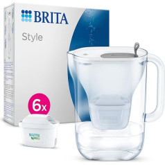 BRITA stila ūdens filtra krūze gaiši pelēka (2,4 l) Komplektā ietilpst 6 x Maxtra Pro All-in-1 kārtridžs - modernā dizaina ūdens filtrs ledusskapim, lai samazinātu kaļķakmens, hlora, svina un vara metālu daudzumu