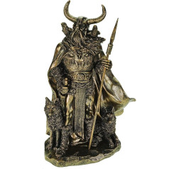 Kremers Schatzkiste Odina figūra ar kraukļiem Hugin Munin un vilkiem Geri Freki 36 cm Ziemeļu mitoloģija Dekoratīva figūra - Poresīna dievu skulptūra - Dāvanu vikingu rotājums